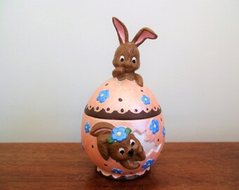 Easter Egg and Bunny, Ceramic Egg Dish With Rabbit Lid, Small Two Piece Pink Container With Blue Flowers, Brown Bunnies Hatching