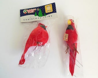 Christmas Red Birds, Christmas Time Cardinal and Parrot, 2 Cotton and Feather Birds, Wires on Feet for Holiday Tree or Crafts