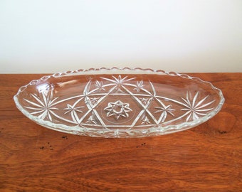 Anchor Hocking Prescut Pickle Dish, Early American Relish, Clear Pressed Glass Shallow Bowl With Star and Fan Design