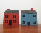 Wood Houses for Christmas Putz Display, Two Handmade Wooden Erzgebirge Style Solid Wood Homes, Possibly German Toys