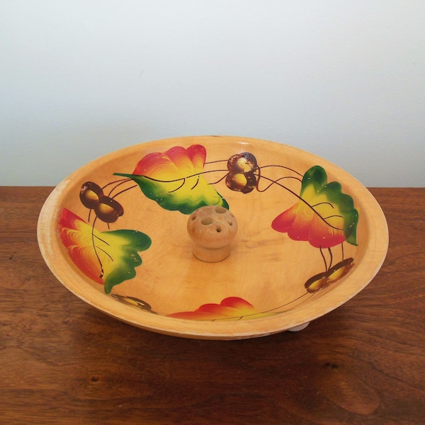Wood Nut Bowl, Painted with Fall Leaves and Acorns, Colorful Mid Century Nut Dish, Use As Is or Repurpose CLEARANCE