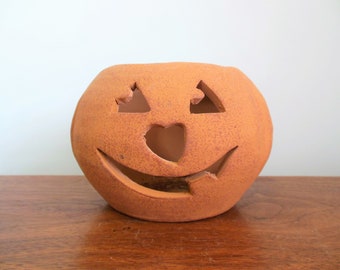 Halloween Pumpkin Candle Holder, Terra Cotta Open Jack O Lantern, Goofy Face Pottery For Retro Style Halloween Decorating