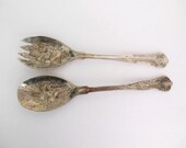 Kings Pattern Salad Set Serving Fork and Spoon Ornate Fruit Design Retro Flatware Two Pieces Marked Made in China