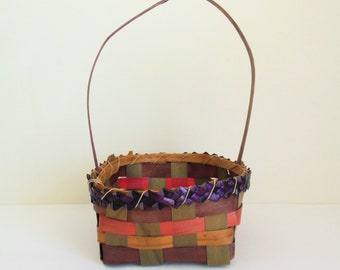 Easter Basket Made in Japan, Odd Shaped Woven Little Basket with Handle, Purple Green Pink, Vintage Mid Century Spring Decor