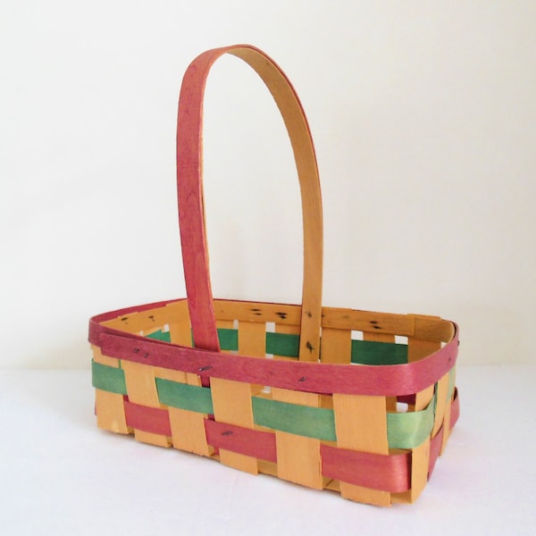 Easter Basket Vintage with Handle, Mid Century Woven Wood, Pink Green Natural Container, Retro Spring Decor