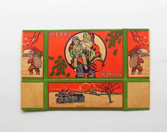 Christmas Candy Box Unused Cardboard Container with String Handle, Santa Claus Child Car in Snow, Merry Xmas Bedtime 54, Made in U.S.A.
