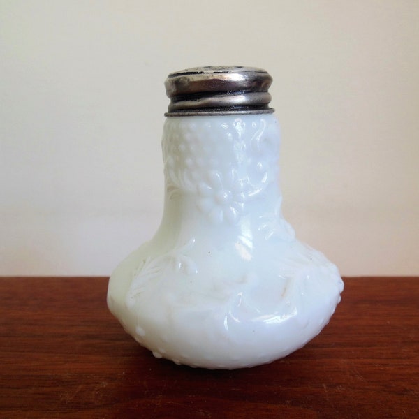 Milk Glass Salt Shaker, Old Milkglass Floral Embossed with Metal Lid, White Bulb Shape With Flowers Vines and Beads