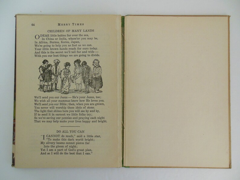 May include: An illustration of children from different countries around the world. The children are holding hands and smiling. The text reads "Dear little babies far over the sea, In China or India, where'er you may be, In Africa, Burma, Korea, Japan, We're going to help you as fast as we can. Your little brown hands reach for ours today. And this is the secret we'll tell far and wide- With you our best things we are going to divide."