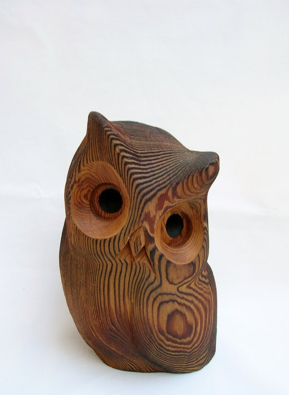 Dark Wood Carved Horned Owl Figurine