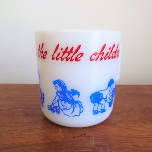 One Child&#39;s Milkglass Mug by Hazel Atlas, Choice of Tex on the Range, or Jesus Loves the Little Children, Midcentury Small Cup With Handle