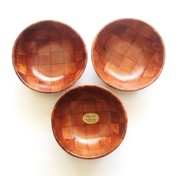 Formosa Wood Parquet Bowls, 3 Woven Wood Checkerboard Snack Dishes or Salad Bowl, Vintage Home Decor Made in Taiwan