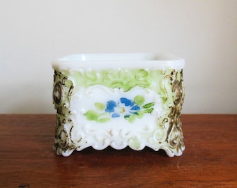 Milk Glass Square Dresser Jar, Victorian Milkglass Trinket Dish, Blue Flowers Green and Gold Trim, Embossed with Swirls Scrolls