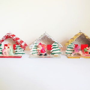 Christmas Putz House Ornaments, Set of 3 Made in Japan, Foil Roof with Trees, Santa Deer and Child, Cellophane Windows and Glitter