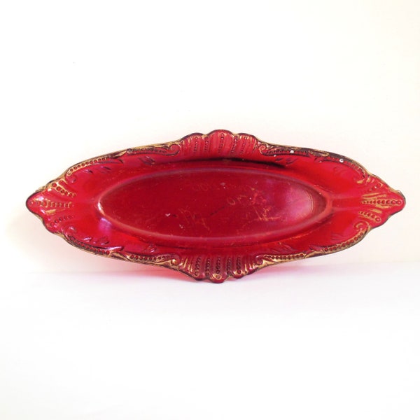 Ruby Red Souvenir Small Dish, Little Gold Trimmed Ruby Flash Glass Tray, Antique Ring or Jewelry Bowl, Sold As Is