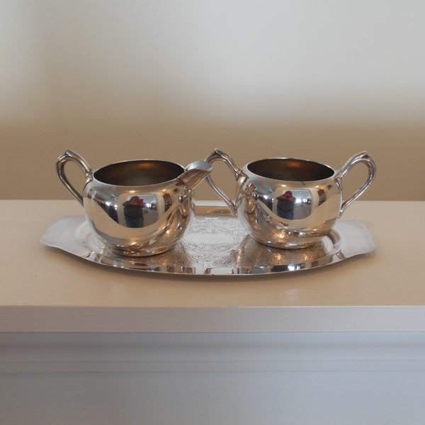 B Rogers Silver, Creamer and Sugar on Tray, Silver on Copper Three Pieces, Clearance