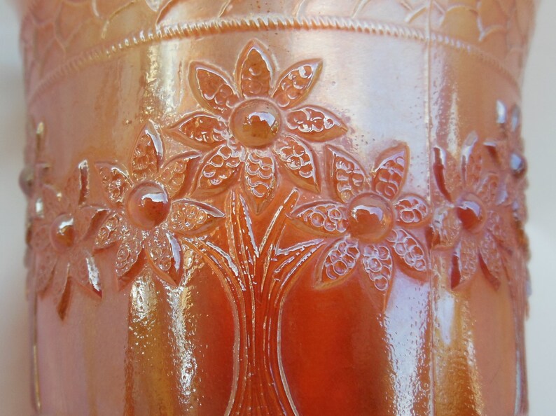 Marigold Orange Tree, Carnival Glass Mug, Iridescent Flowered Handled Cup, Antique Drinking Glass image 4