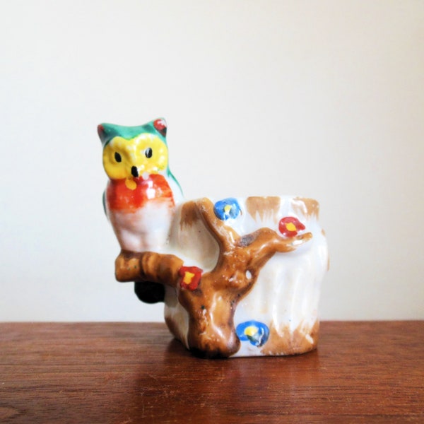 Owl Toothpick Holder Made in Occupied Japan, Little Bird on Tree Branch with Flowers, Vintage Mini Ceramic Planter