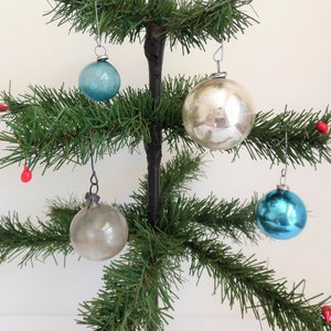 Old Glass Christmas Feather Tree Ornaments Midcentury Japan, Four Balls Blue and Silver Faded Small Antique Decor