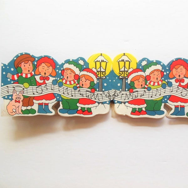 Christmas Caroling Garland, Children Singing, Long Paper Strand 100+ Inches, Made In Taiwan, Winter Scene Cat and Street Light