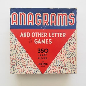 May include: A vintage game box for Anagrams and other letter games. The box is blue with red and white lettering. It features a red triangle with the words "AND OTHER LETTER GAMES" and "350 LARGE PIECES". The box is covered in a pattern of blue and red letters.