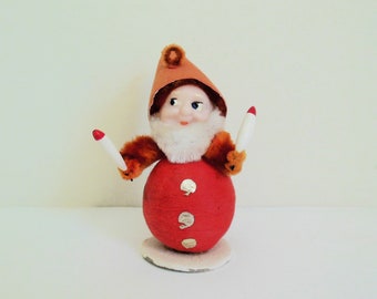 Christmas Elf Made in Japan, Spun Cotton Santa Holding Candles, Pixie With Hat, Chenille Beard and Arms, Vintage Holiday Decor