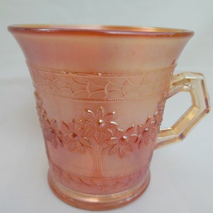 Marigold Orange Tree, Carnival Glass Mug, Iridescent Flowered Handled Cup, Antique Drinking Glass image 2