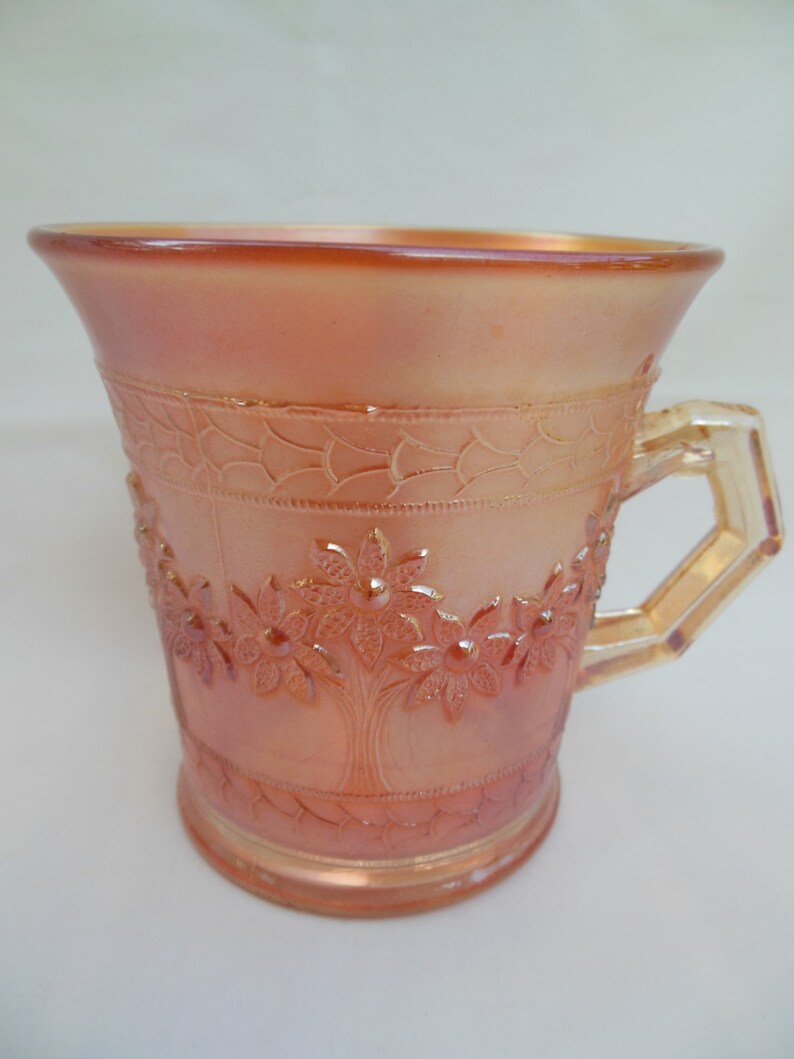 Marigold Orange Tree, Carnival Glass Mug, Iridescent Flowered Handled Cup, Antique Drinking Glass image 2