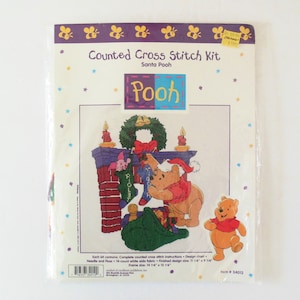 Santa Pooh Christmas Cross Stitch Kit, Piglet and Pooh by Fireplace, Stockings and Bag of Gifts, Unused Item 34012 Counted X-Stitch