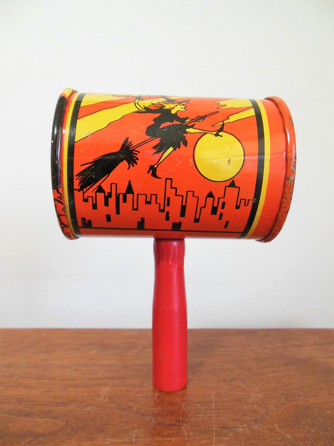 Halloween Noise Maker T Cohn Tin Rattle With Witch on Broom Etsy