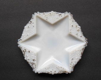 Milk Glass Star Plate, Fleur De Lis and Beaded Border, Gold Painted Trim, Antique Milkglass Small White Platter, Six Sides