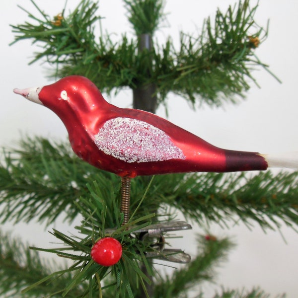 Red Bird Christmas Ornament, Clip On Glass Bird With Spun Glass Tail and Mica Glitter, Retro Holiday Tree Decorating