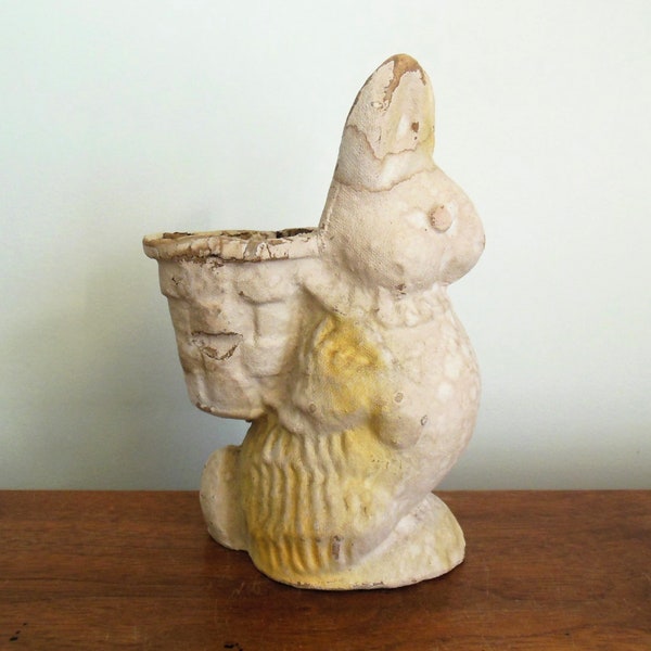 Old Paper Mache Easter Bunny with Basket, Chipped Stained Pulp Cardboard Rabbit, Vintage Spring Decor, Sold As Is