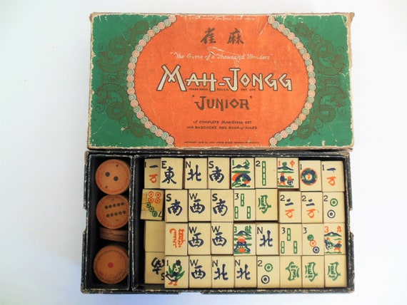 Mah Jongg Mahjong Junior Set With Wood Hand Painted Tiles and 