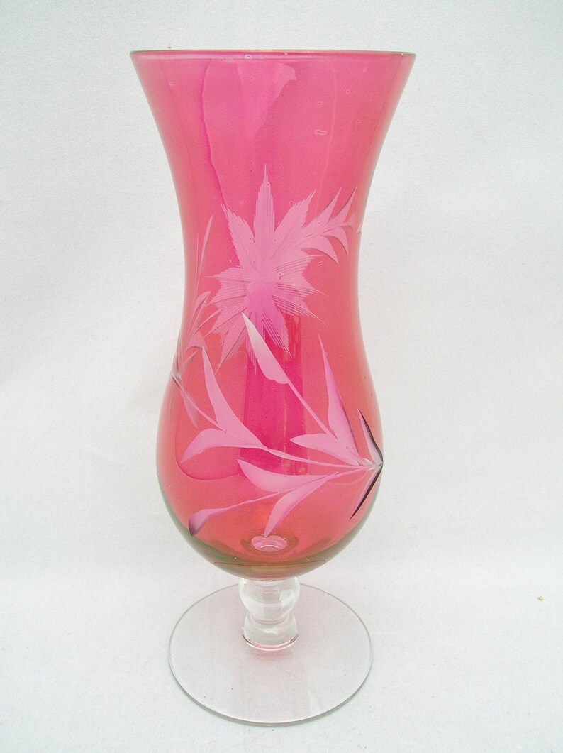 Cranberry Glass Vase With Etched Flower Design on Clear Etsy