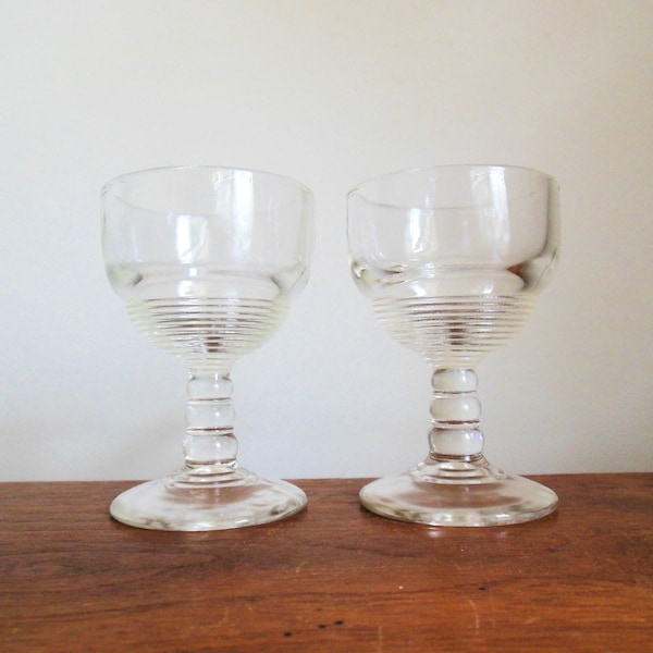 Ribbed Band Stemmed Glasses Two Small Clear Wine Cordial or Liqueur, Cambridge Tally Ho Style Art Deco Pressed Glass