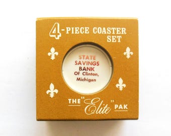 Foley Advertising Coaster Set Gift from State Savings Bank Clinton Michigan, 4 Plastic Retro Colors Orange Gold Green White