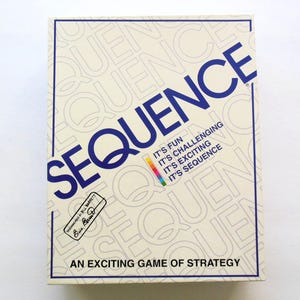 May include: A rectangular board game box with a cream background and blue text. The word SEQUENCE is printed diagonally in large blue letters. Below it, the text reads: IT'S FUN, IT'S CHALLENGING, IT'S EXCITING, IT'S SEQUENCE, and AN EXCITING GAME OF STRATEGY.