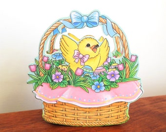 Easter Basket Box with Chick Flowers and Eggs Made in Taiwan, Little Wood Candy Crate or Spring Decor