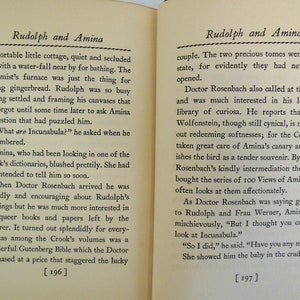 May include: A page from a vintage book with the title "Rudolph and Amina" printed at the top. The text describes a couple, a castle, and a canary. The page number is 196.