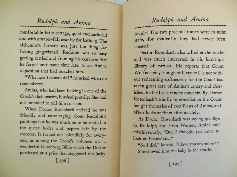 May include: A page from a vintage book with the title "Rudolph and Amina" printed at the top. The text describes a couple, a castle, and a canary. The page number is 196.