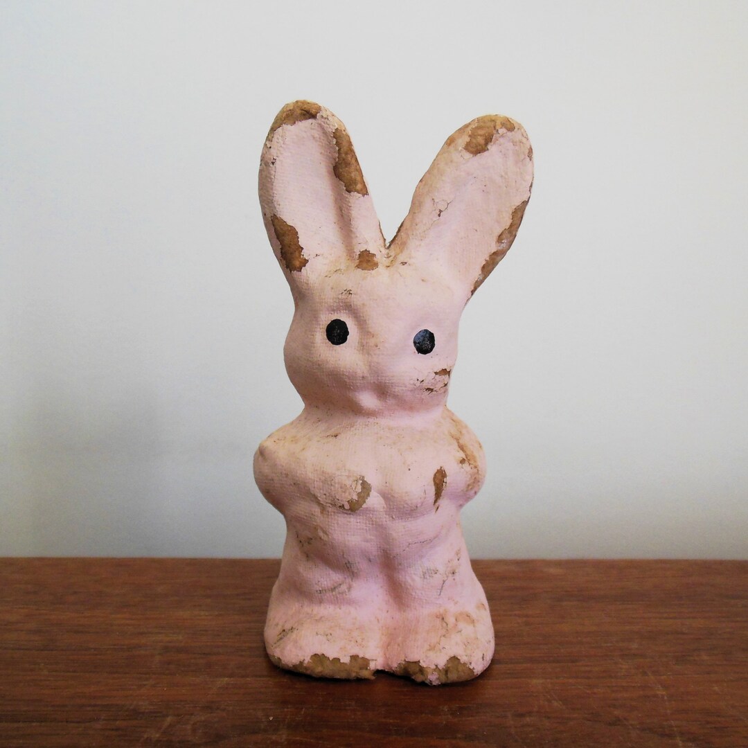 Old Paper Mache Easter Bunny, Little Cardboard Pulp Chippy Pink Rabbit