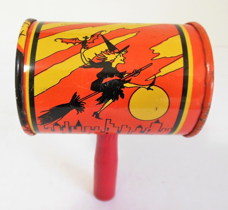 Halloween Noise Maker T Cohn Tin Rattle With Witch on Broom Etsy