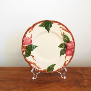 Franciscan Apple Bread and Butter Plate Made in U.S.A., 1940s Vintage Earthenware with Red Fruit Green Leaves and Brown Edge