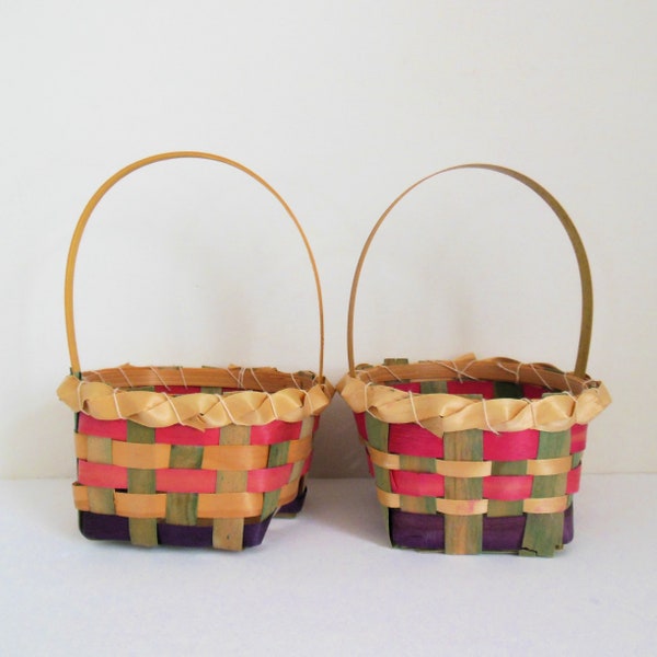 Two Easter Baskets Made in Japan, Small Mid Century Woven Little Basket with Handle, Pink Green Purple, Vintage Spring Decor