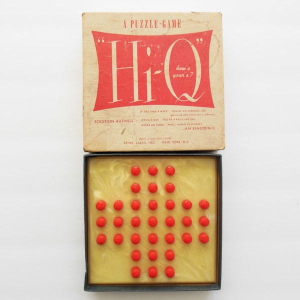 Hi Q Puzzle Game Board with Pegs, Hi-Q Tryne Sales Brain Teaser in Original Box, Rules and Scoring In the Lid