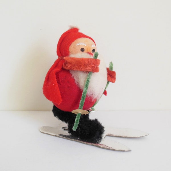 Christmas Santa on Skis Made in Japan, Spun Cotton Fat Santa Claus, Felt Coat Fuzzy Beard Chenille Arms, Vintage Holiday Decor