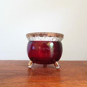 Ruby Red Glass Kettle Souvenir Toothpick or Match Holder, Small Gold Trimmed Cane Top Novelty Dish
