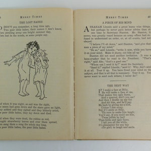 May include: Two black and white illustrations of children, a boy and a girl, walking in the woods. The text reads "Don't you remember, a long time ago, Two poor little babes, their names I don't know, Were strolling away one bright summer day, Were lost in the woods, so some people say."