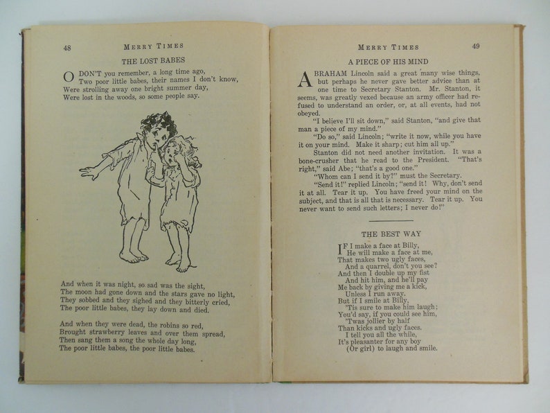 May include: Two black and white illustrations of children, a boy and a girl, walking in the woods. The text reads "Don't you remember, a long time ago, Two poor little babes, their names I don't know, Were strolling away one bright summer day, Were lost in the woods, so some people say."