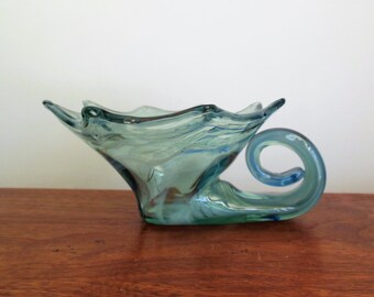 Art Glass Murano Style Swan, Blown Glass Bowl, Shades of Blue and Clear, Smaller Mid Century Retro Dish or Sculpture
